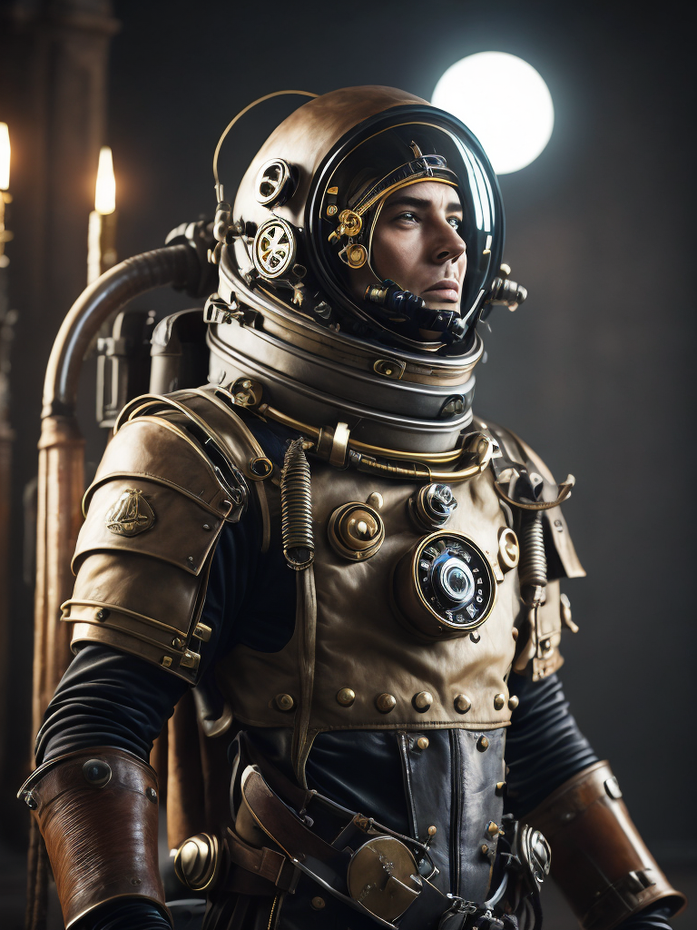 A steampunk astronaut wearing a Victorian-inspired spacesuit with brass gears and leather straps, Dramatic Lighting, Depth of field, Incredibly high detailed