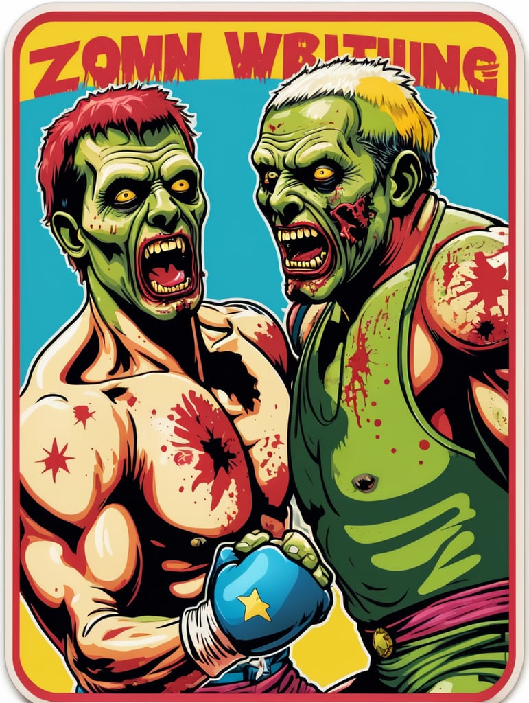Pop art illustration, sticker, zombie wrestling