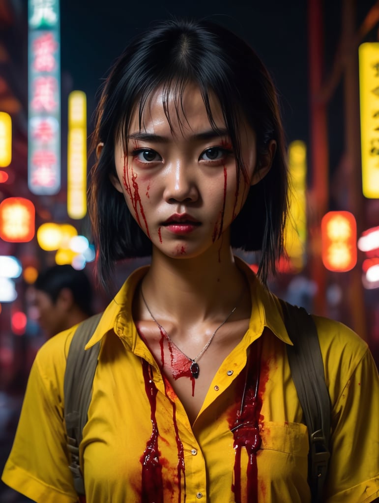 A girl of Asian appearance is dressed in a yellow shirt stained with blood, her face is bloody, against the backdrop of Chinatown and neon lights, dark atmosphere, deep contrasting shadows, Takashi Miike style
