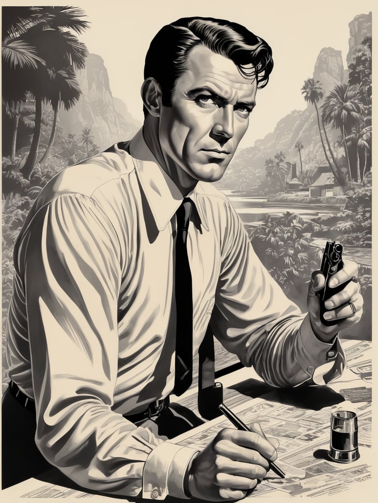 This artwork of a man by George Wilson is an eye-catching poster-style drawing and illustration representing the iconic pulp style.