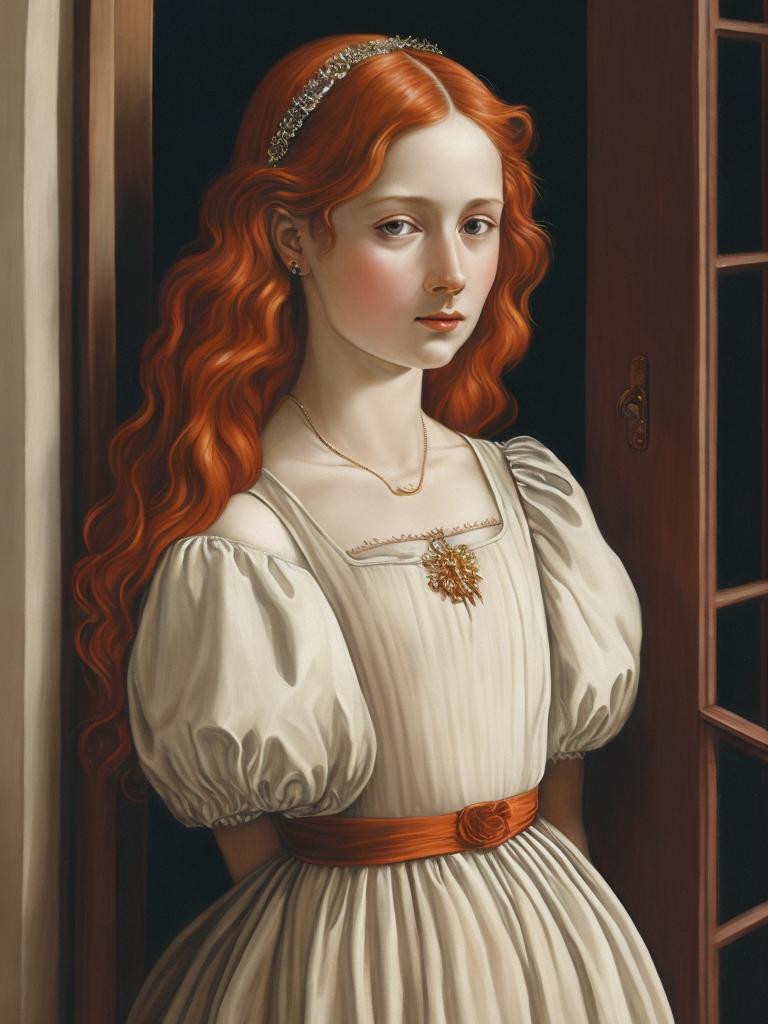 Portrait of a red-haired young girl in front of a window, vintage dress, 15th century, painting, oil, Italy, style of Sandro Botticelli, illustration,