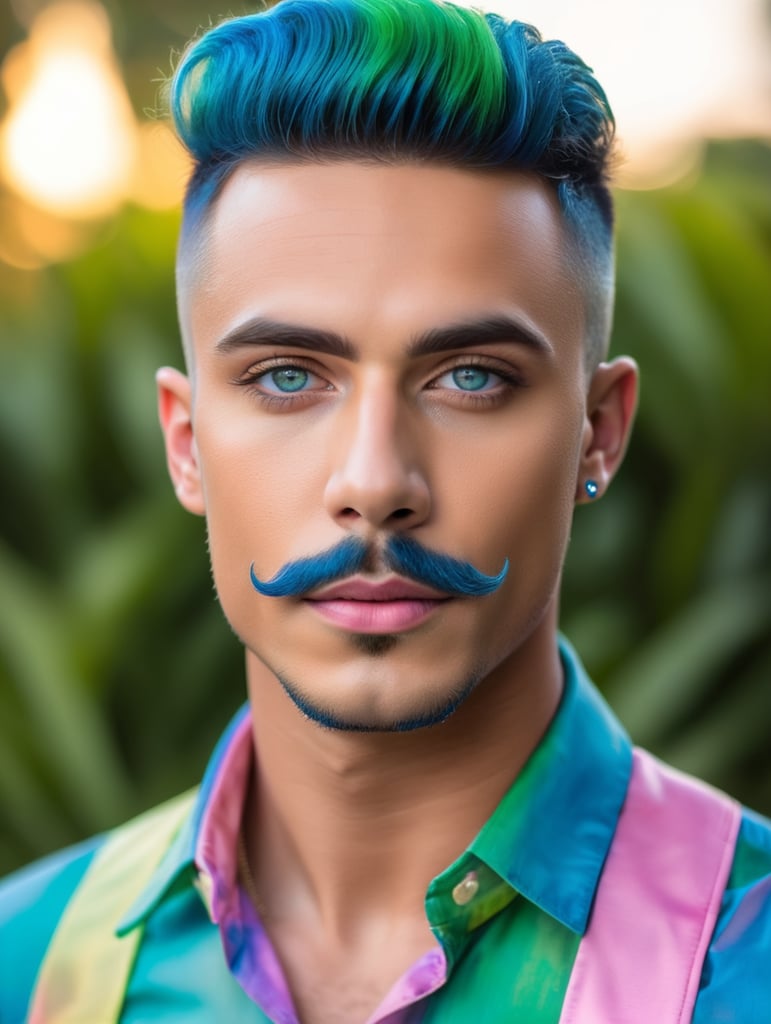 brazilian young man with make up in rainbow colors, blue eyes, blue mustache, pink brows, green beard, realistic drag queen