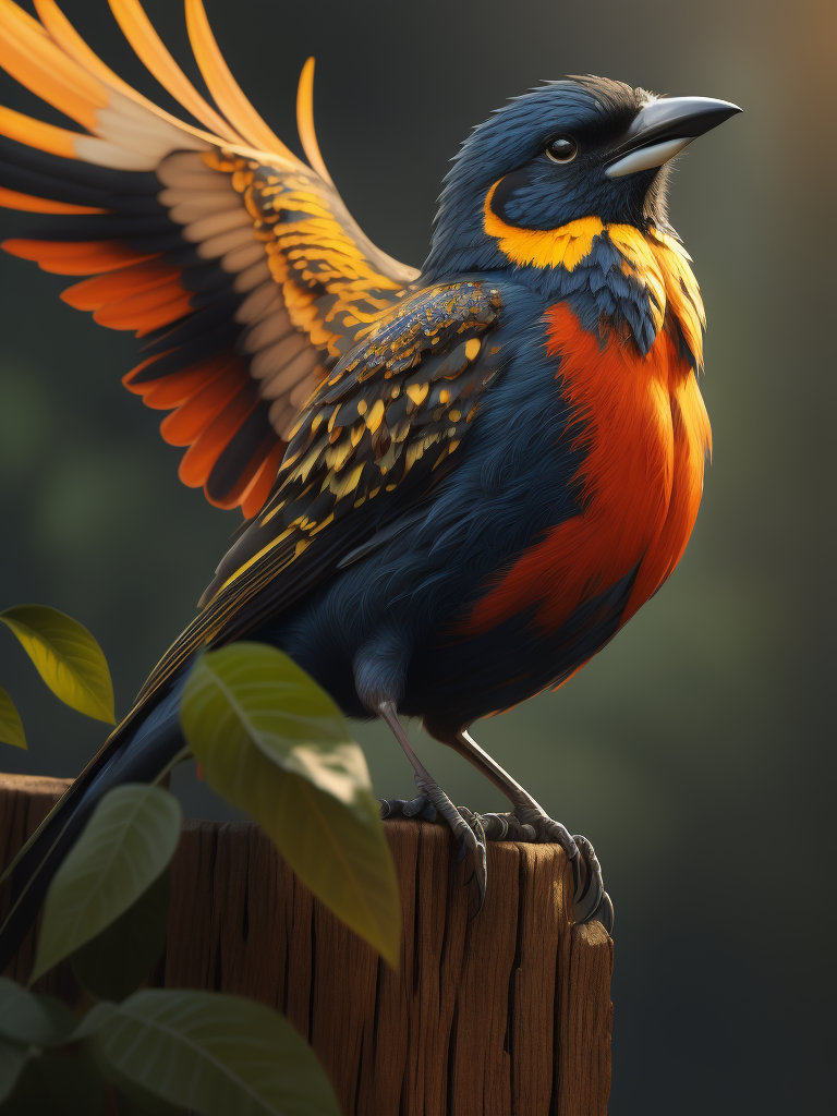 mixed media painting of a bird, volumetric outdoor lighting, midday, high fantasy, cheerful colours, full length, exquisite detail, post - processing, masterpiece, cinematic