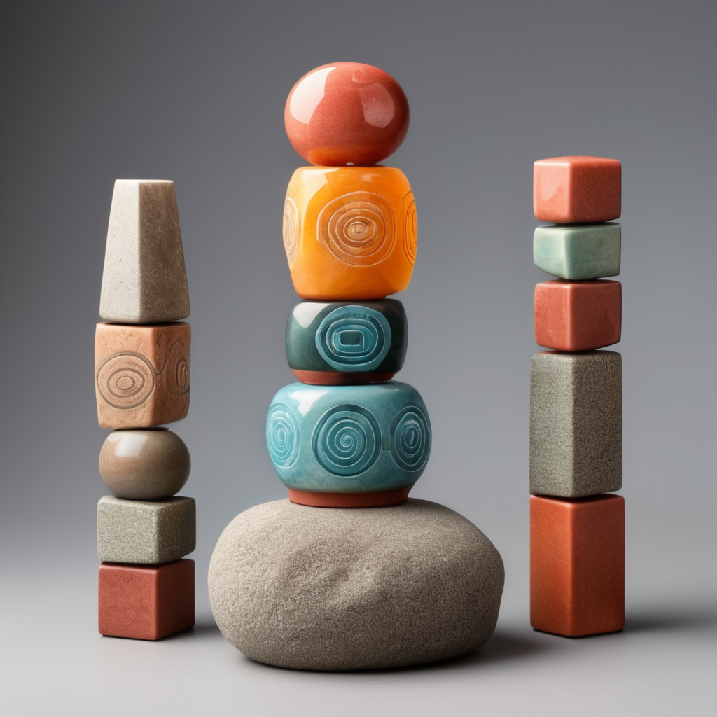 Tótem de cerámica de 5 figuras geométricas de materiales rocosos y en medio del Tótem una piedr de color vibrante en material semitraslucido. Mucho margen