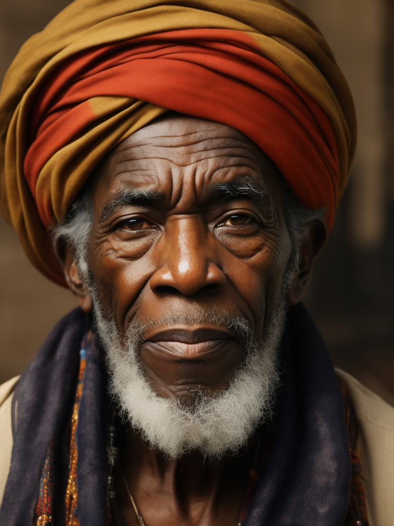 Jamaica's Old Man, portrait, realistic image, lots of details, wearing turban