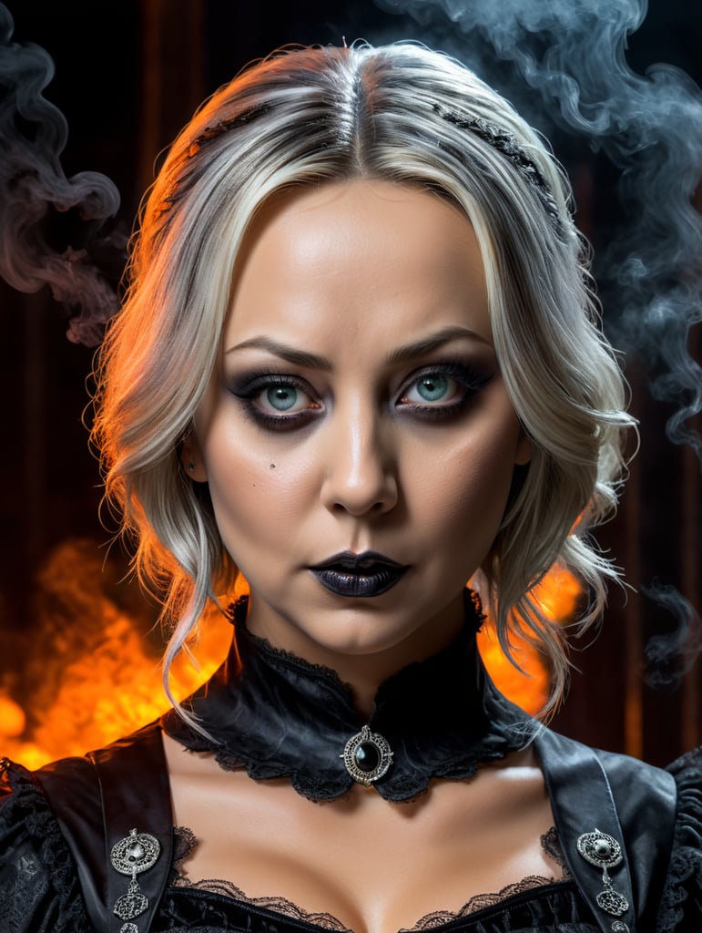 Photo of a hot and young Kaley Cuoco dressed as Wednesday from the Adams Family, halloween costume, grim atmosphere, smoke, Halloween, spookey, neon