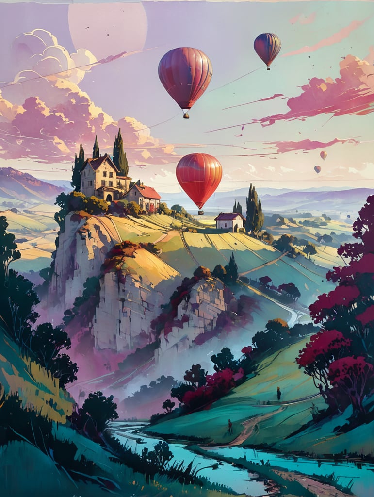 surrealist country background with vineyards and an hot air ballon make with single red grape