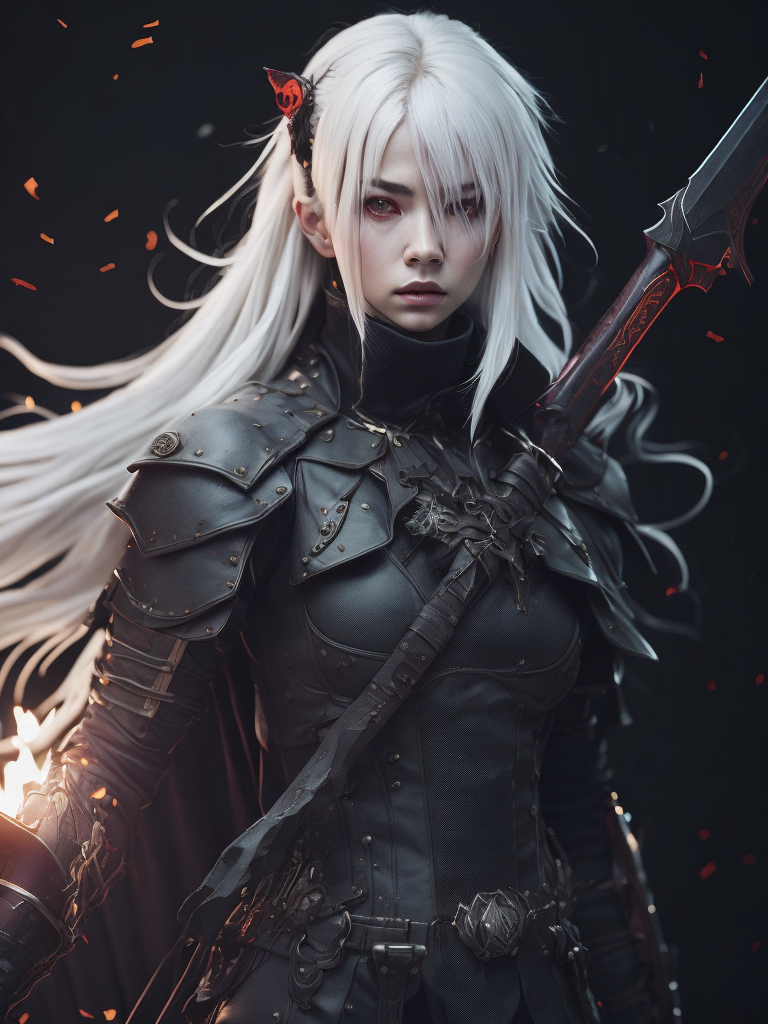 Create a digital artwork featuring an anime girl with white hair and red eyes, holding a sword