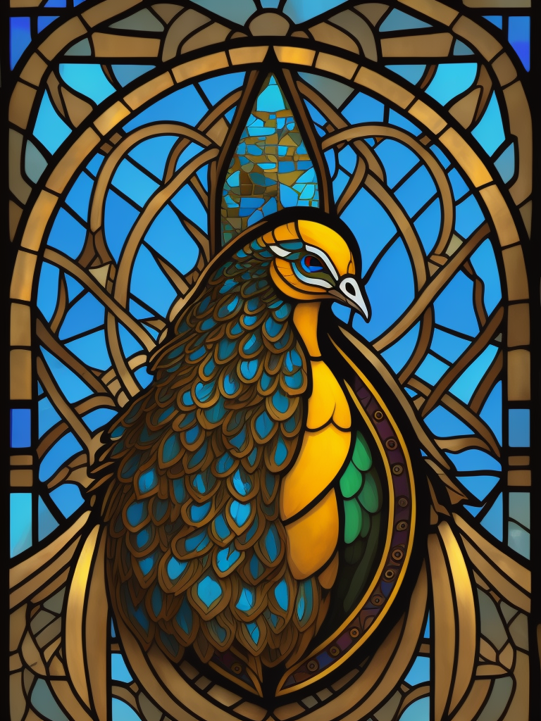 Stained glass smiling peacock, geometric lines, art deco, symmetrical gold tone