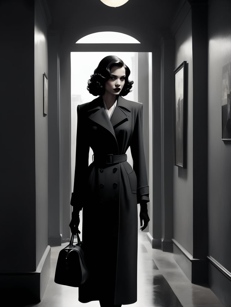 Dark film noir, black and grey, scene, female