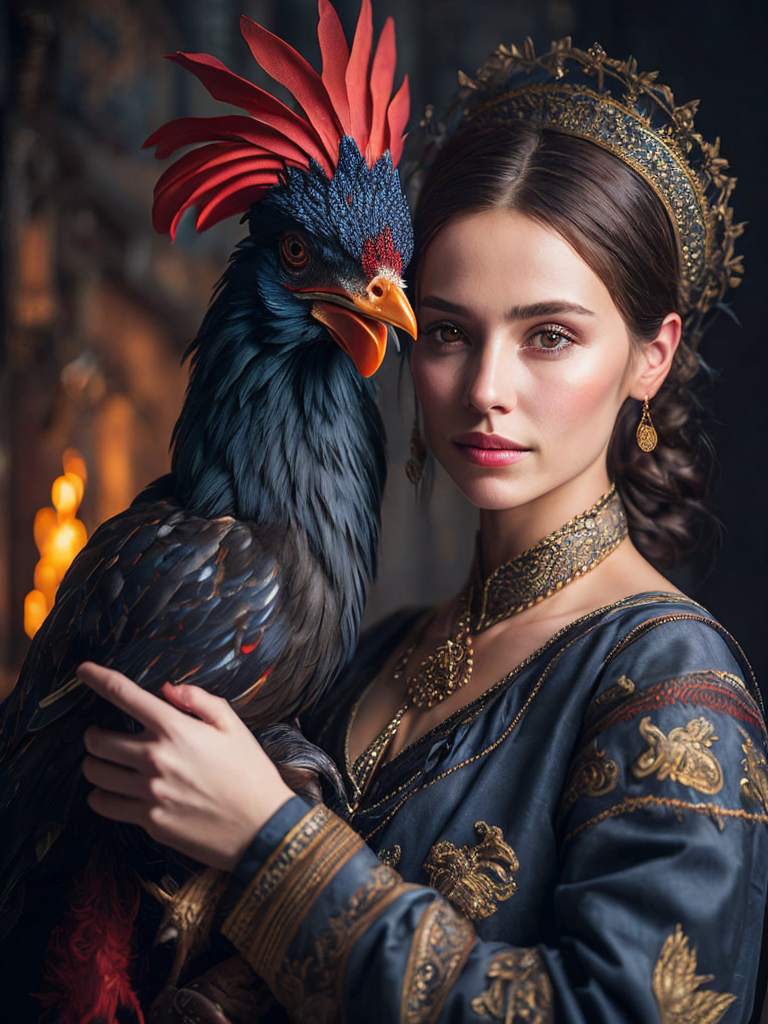 Portrait of a Beautiful women from Russian fairytale wearing traditional costume hugging a Rooster