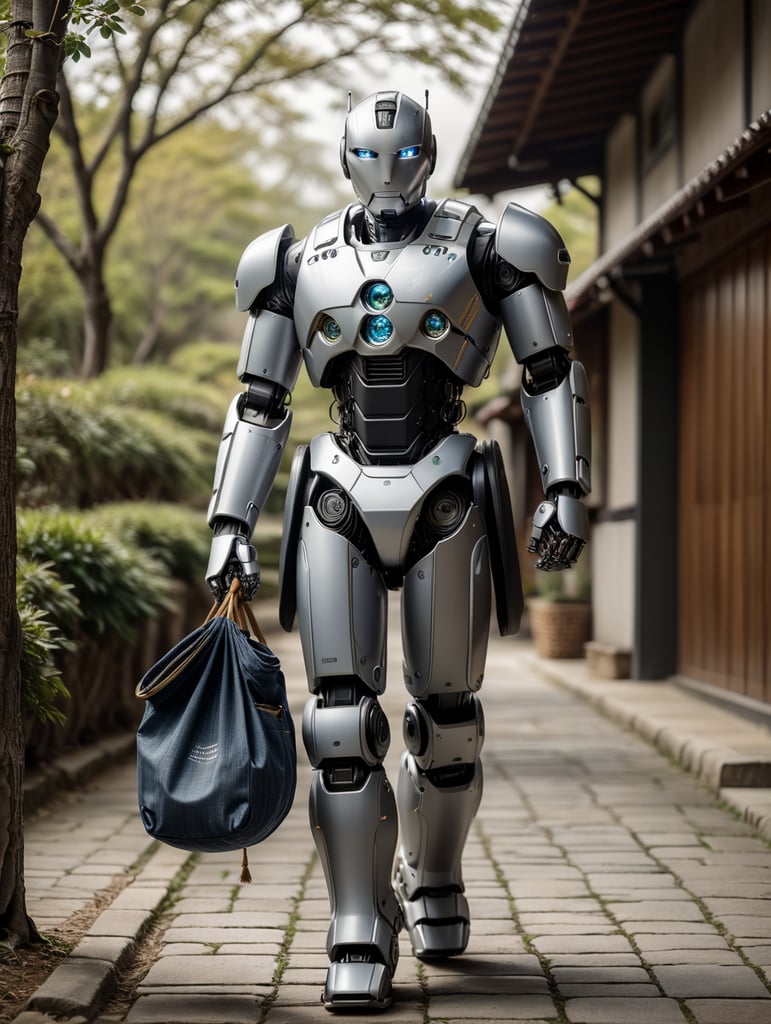 un robot humanoide con un palo sobre el hombro que en el extremo tenga una bolsa de tela llena de ropa caminando con un largo camino por delante.