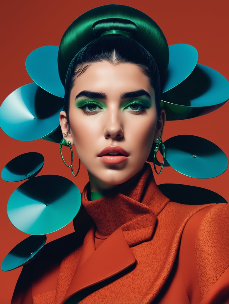 Dua Lipa, futuristic, simplygo, photoshoot spread, dressed in all green, harpers bizarre, cover, headshot, hyper realistic