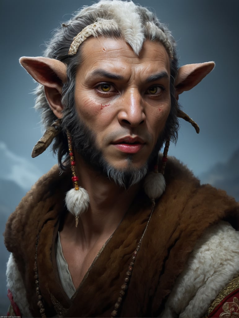faun, fur skin, goat eyes, sheep lips, wearing asian clothing, only one pair of ears.