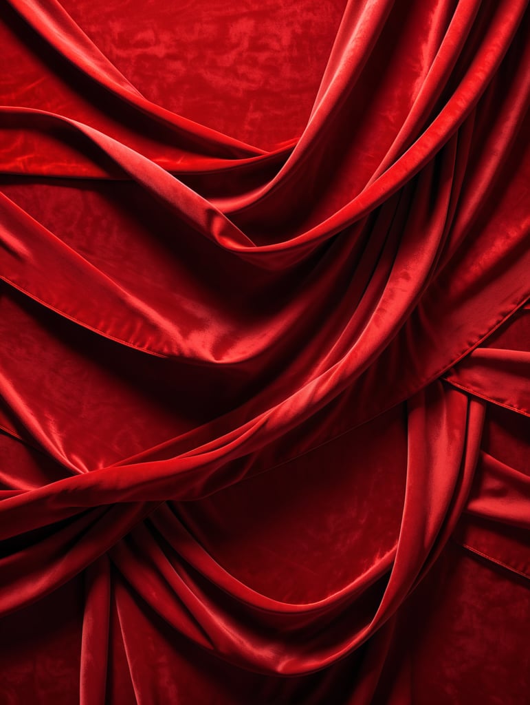 Dynamic draped red velvet background with long red velvet ribbons. Top view. Flat in the middle. Light at the top. Monochrome red.