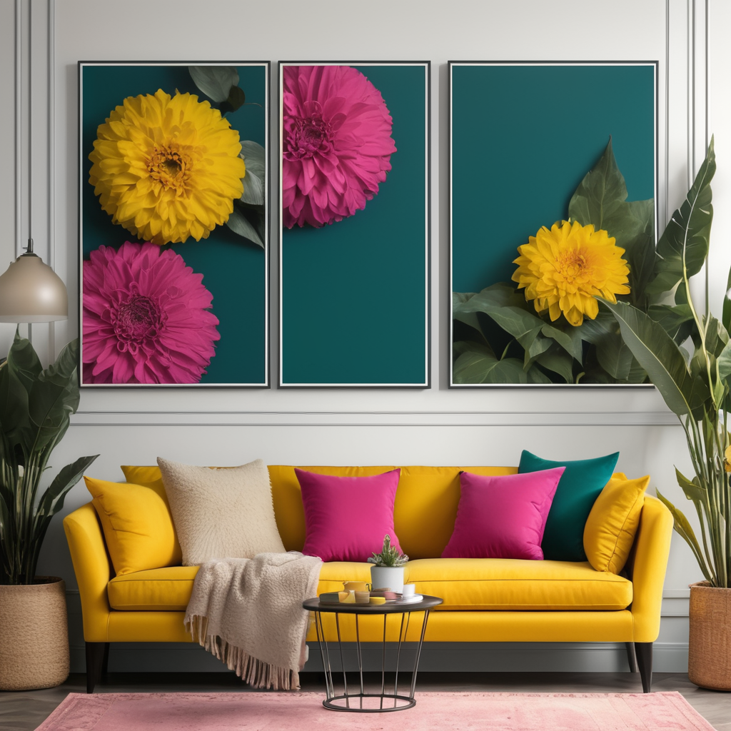 Mockup for two frames of 24x36 in. posters, hanging on a wall painted dark teal color, in a french modern country style livingroom, hot pink sofa and yellow pillows, many plants and flowers, bright livingroom