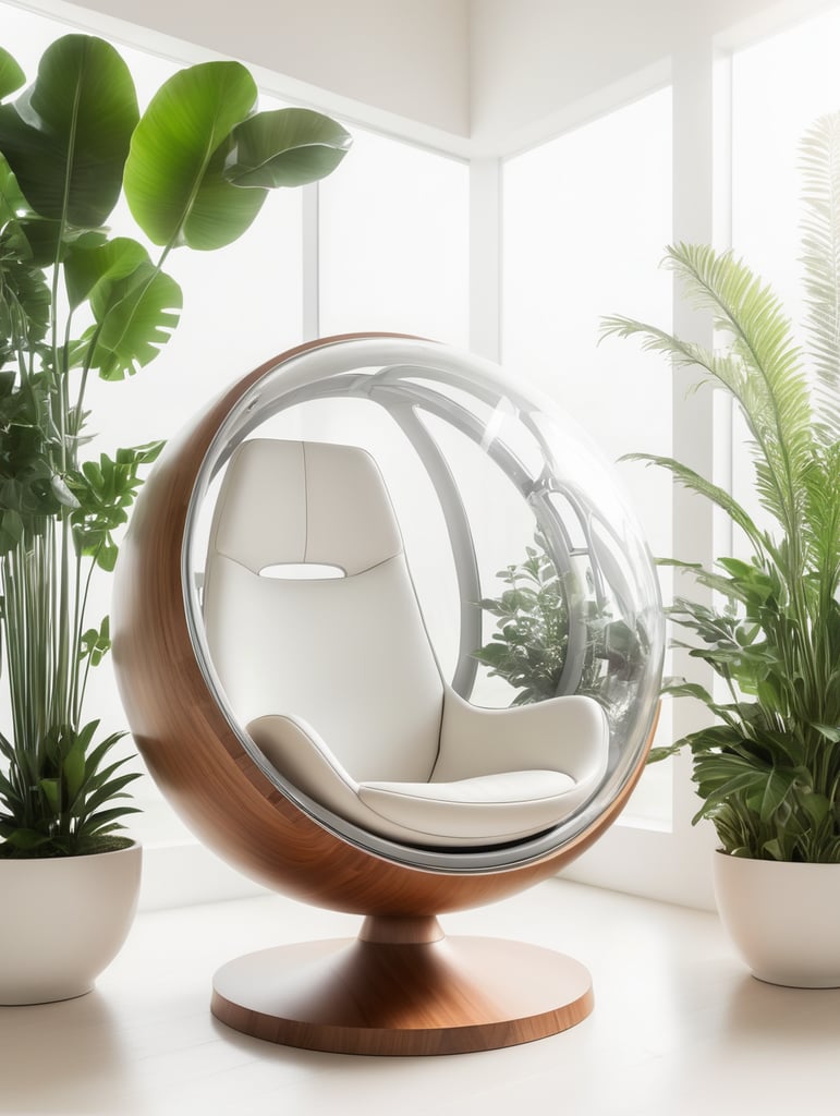 Futuristic sci-fi pod chair, flat design, product-view, exclusive photography, transparent orb, natural lighting, plants around, natural daytime lighting, natural wooden environment