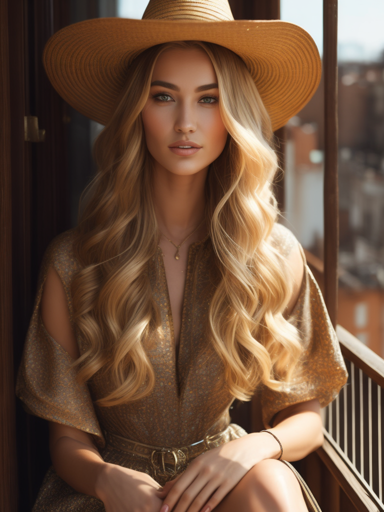look at camera portrait of elegant woman with long blond hairstyle, sitting on the balcony, in a light summer dress in a straw hat, in the style of movie still, y2k aesthetic, light bronze and dark amber, romantic charm, blink-and-you-miss-it detail, elegantly formal