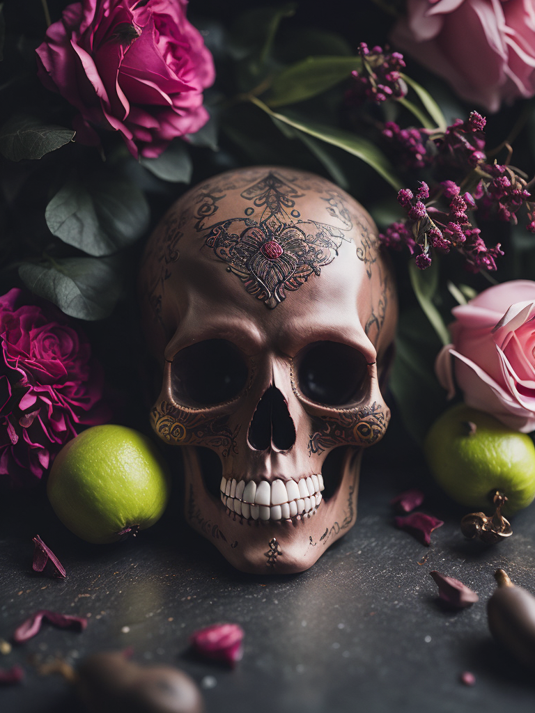 Mexican skull calavera, surrounded by poetic ornamental elements such as fruits, flowers, garlands of lights and native plants, colors pink, green, gold and black