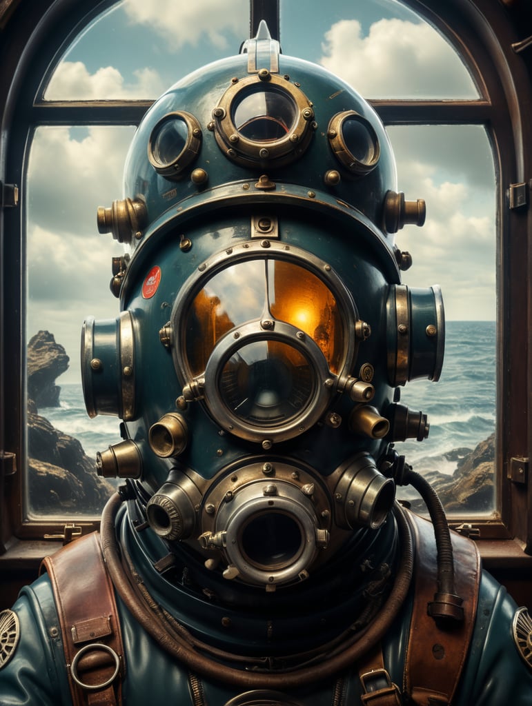 old diver helmet with the big glass window, circled by retro looking rocket
