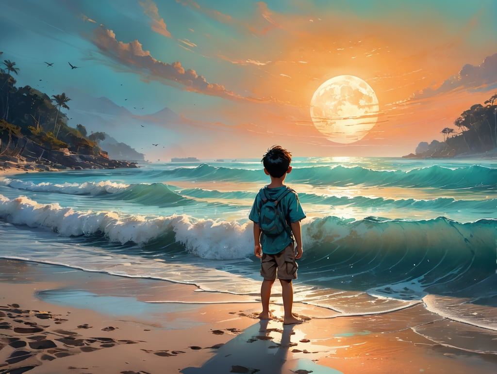 A breathtaking digital painting depicting a young child on the shore, illuminated by the soft glow of the moon. The child's eyes are fixated on the horizon, a mix of curiosity and anticipation. The color palette is muted and ethereal, capturing the mystical quality of the scene. The waves crash gently against the shore, filling the air with a soothing symphony. The painting is created with meticulous attention to detail, from the intricate texture of the sand to the play of light on the water's surface. The wide angle lens used in the painting adds depth and dimension, allowing the viewer to fully immerse themselves in the beauty of the moment.
