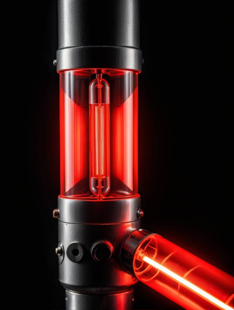 Close-up photo of a neon tube glowing with a bright red light, isolated, black background