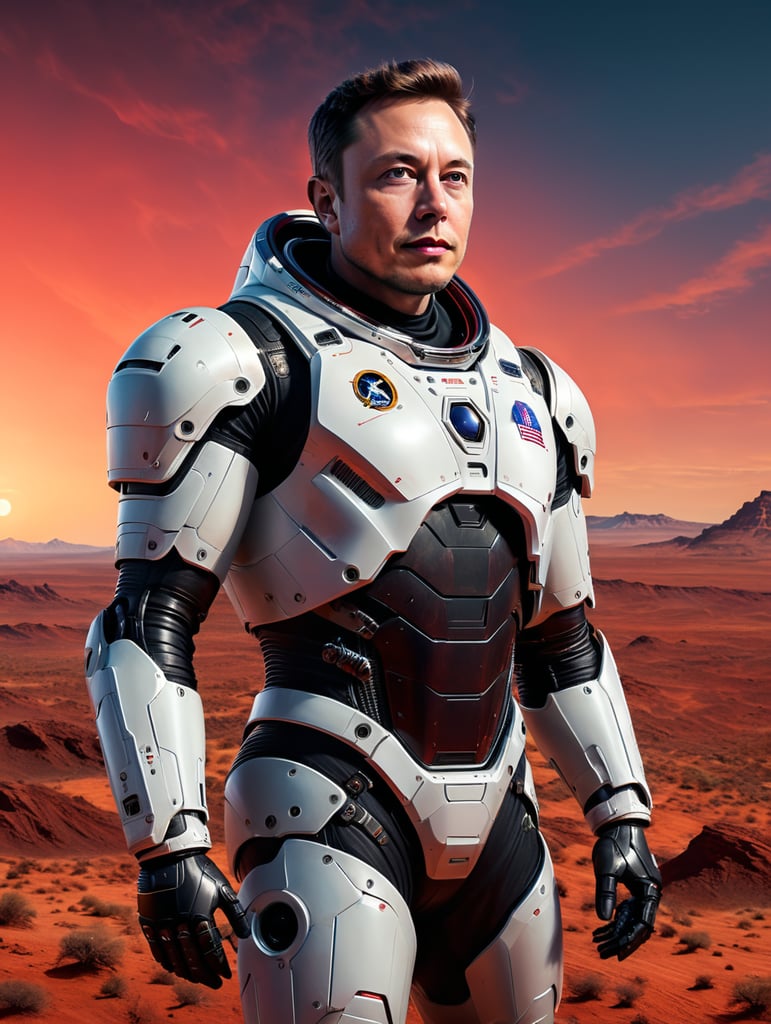 Elon Musk dressed as a full-length astronaut, on the planet Mars, red sky, costume without logos, an Opportunity Robot in the background