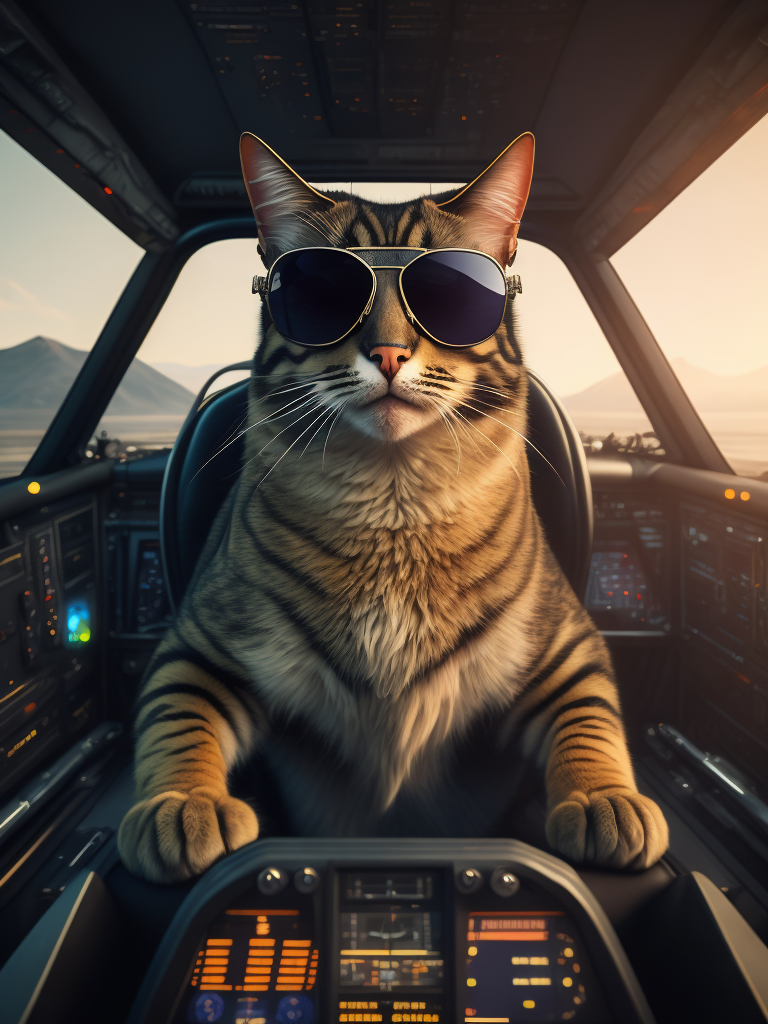 Cat, fighter jet cockpit, aviator sunglasses