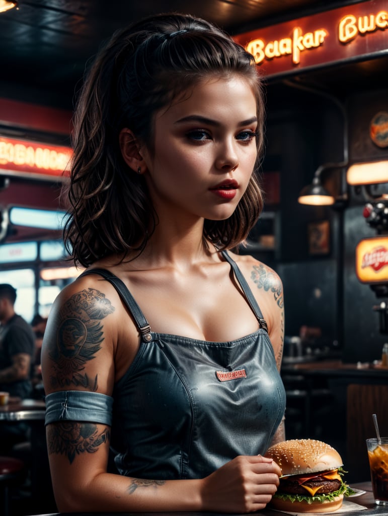 a young girl in an American diner. A tattooed girl. The girl eats a burger standing up.