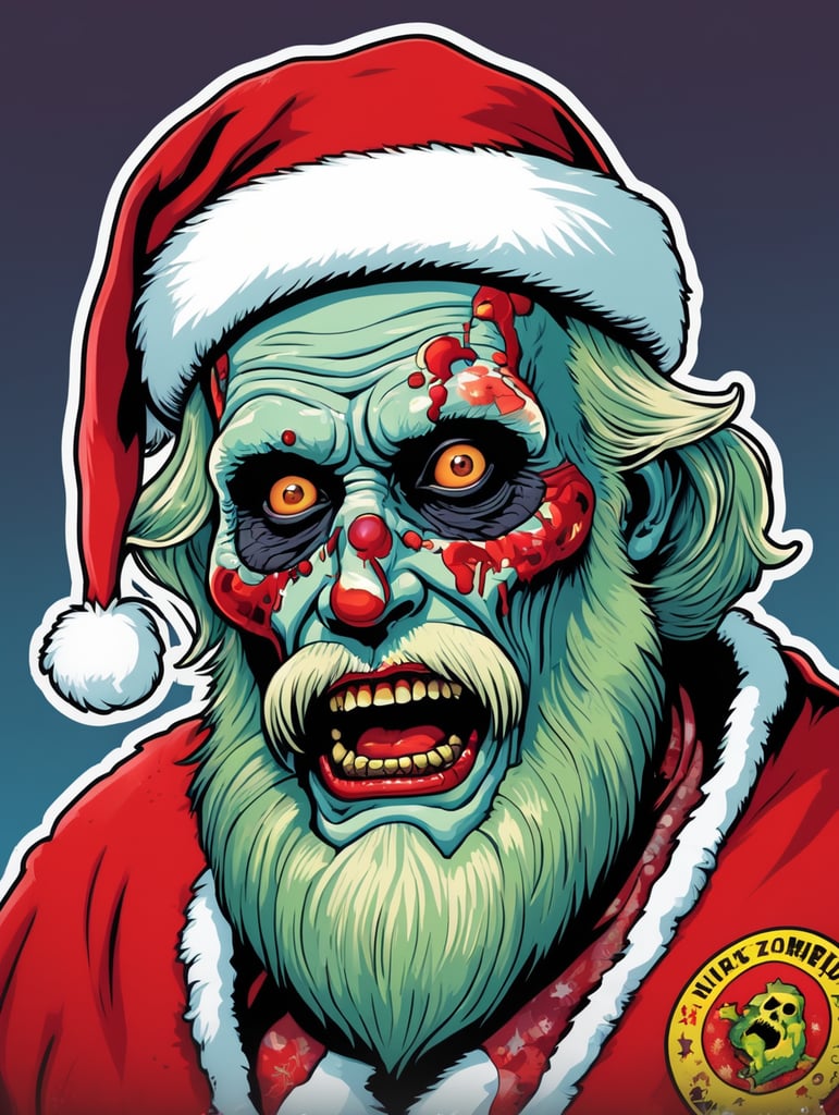 Pop art illustration, sticker, zombie Santa