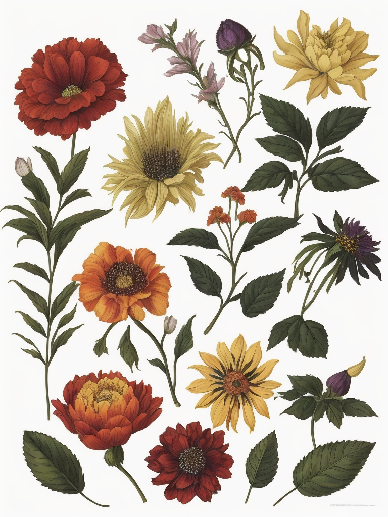 different types of psychedelic flowers, botanical illustration, white background, style of Pierre-Joseph Redoute