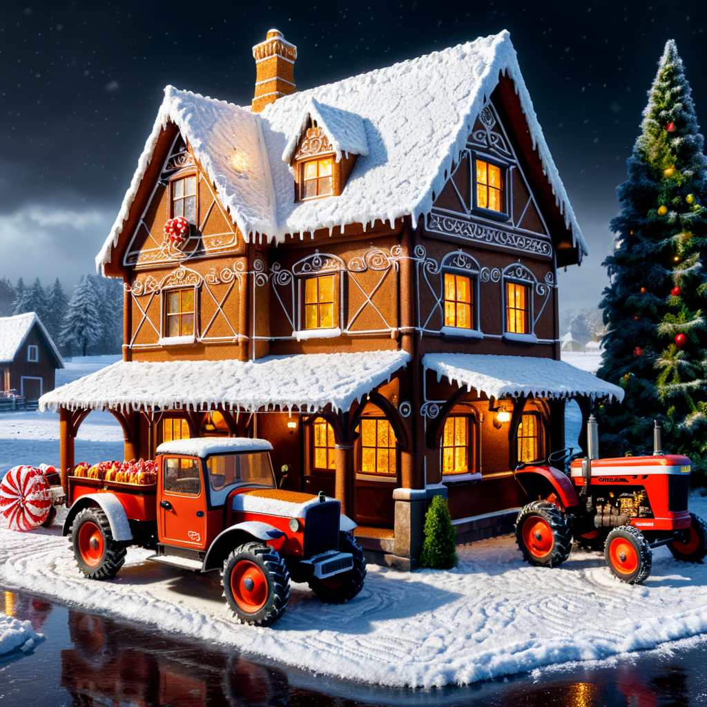 Small english style ginger bread house and a parked tractor outside. For sale sign. Snowing