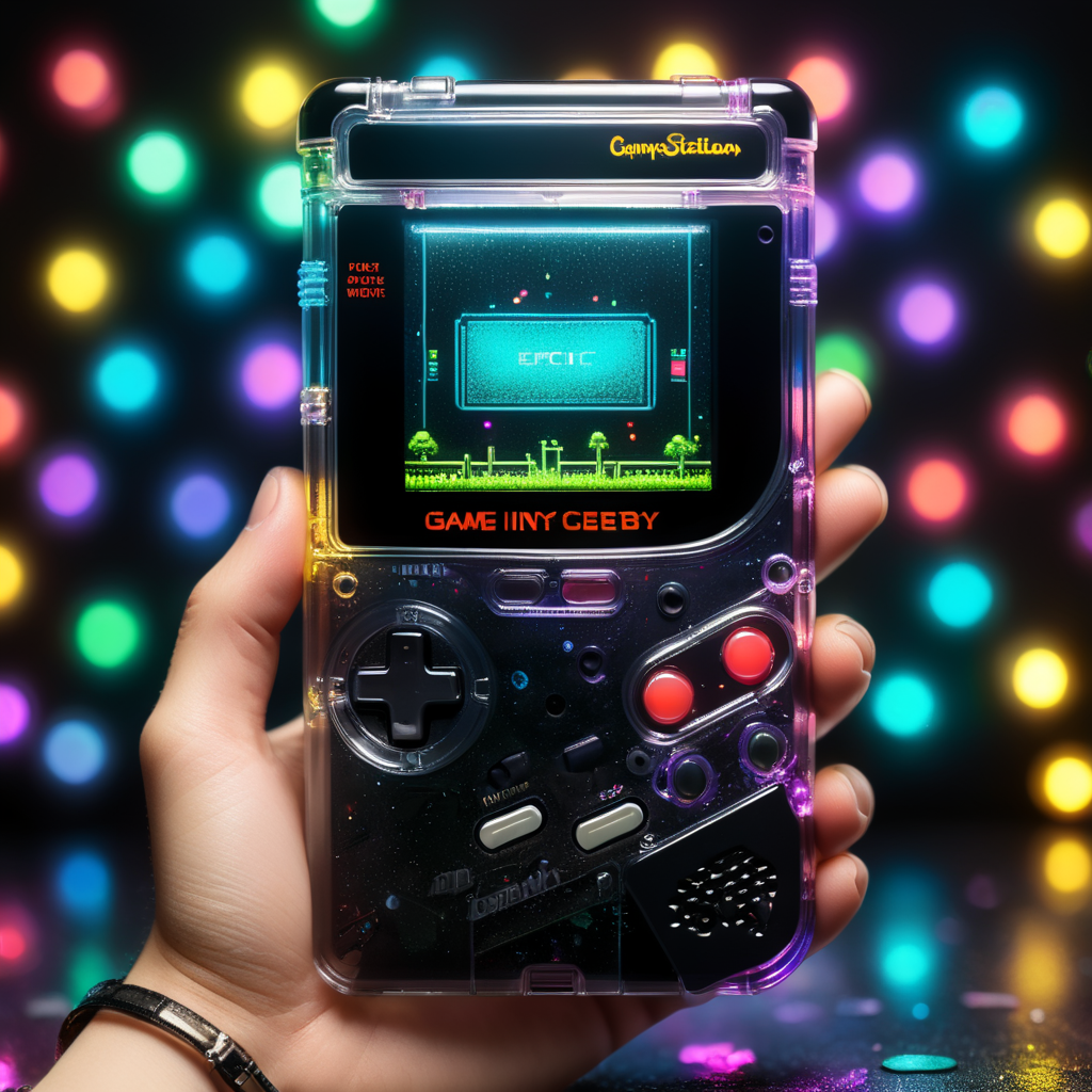 3d render retro tiny cute black shiny game boy translucent plastic case, neon light, glitter background