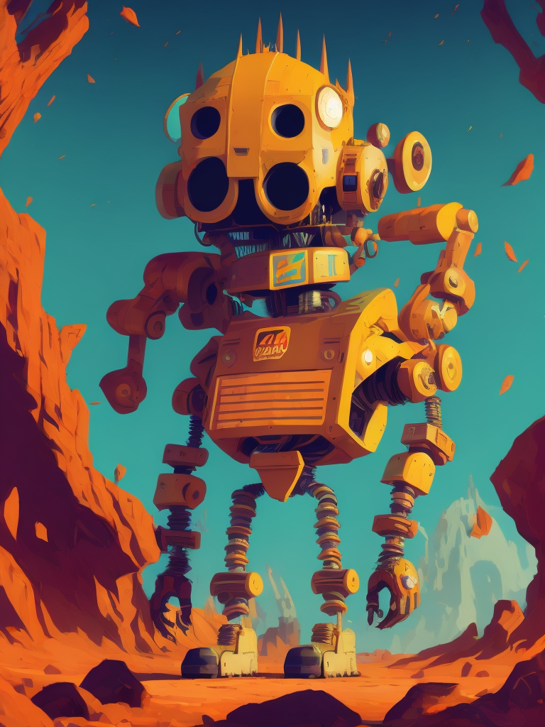 60s cartoon style photo of a huge savage skelton emopunk robot in far off galaxy, style of hannah barbara, studio ghibli, akira toriyama, james gilleard, warner brothers, trending pixiv fanbox, acrylic palette knife, vibrant colors, devinart, trending on artstation, low details, smooth