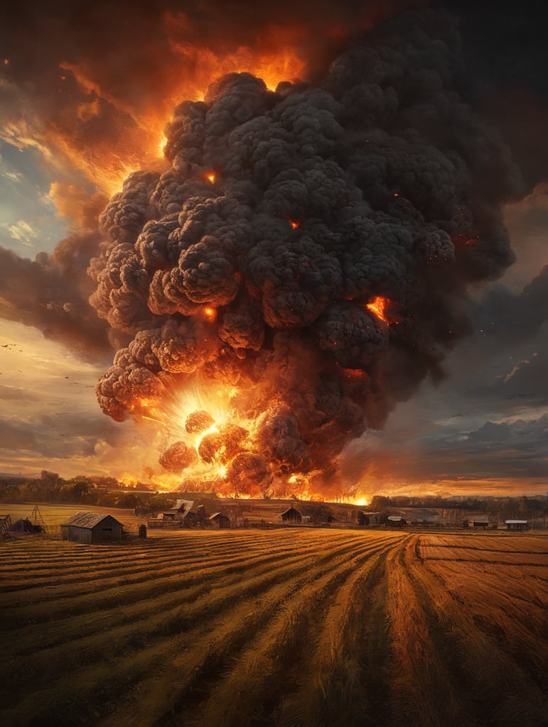 Draw farm field with a large, fiery explosion in the background.