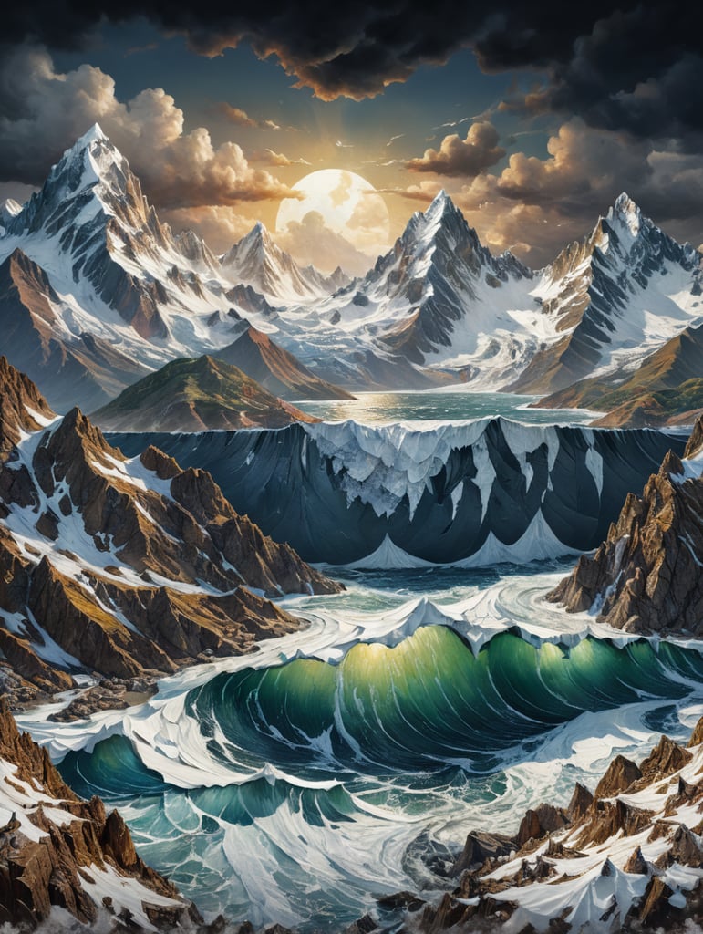 Коллаж из рваной бумаги. Морской пейзаж с заснеженными горами на горизонте.