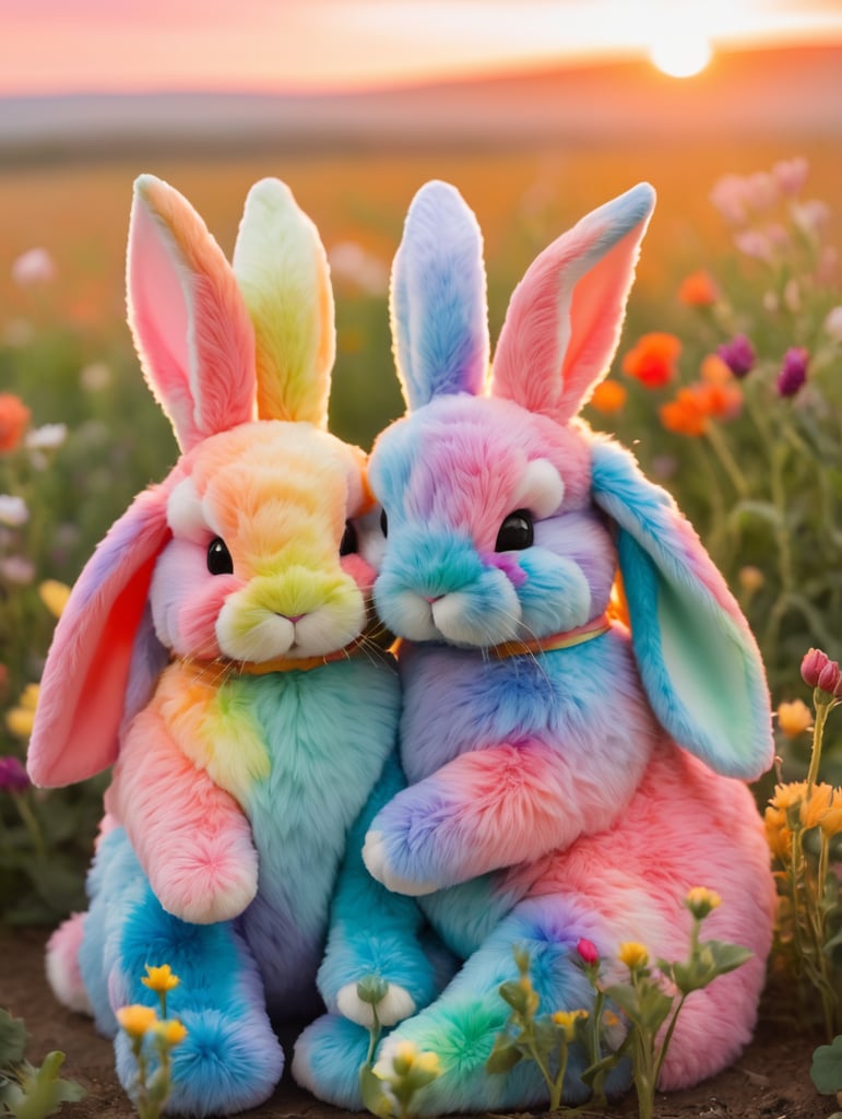 Two tie dye rainbow fur bunnies cuddling in field of flowers sunset