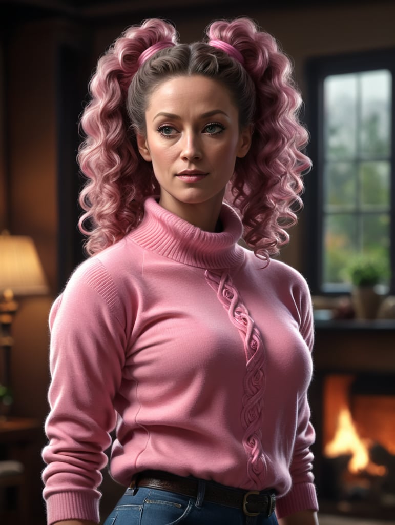 Geraldine James in a pink sweater, curly hair tied in a ponytail.