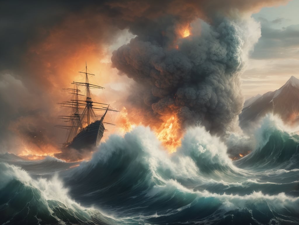Epic photograph of an earthquake in Japan, large waves, destruction, fire, in the style of Aivazovsky