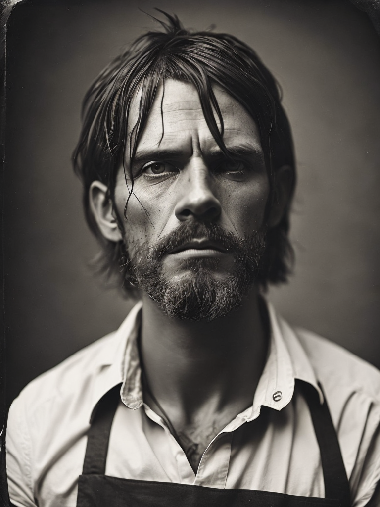 a wet plate photograph of a scary farmer with dark bob haircut, white eye, neutral emotions on his face