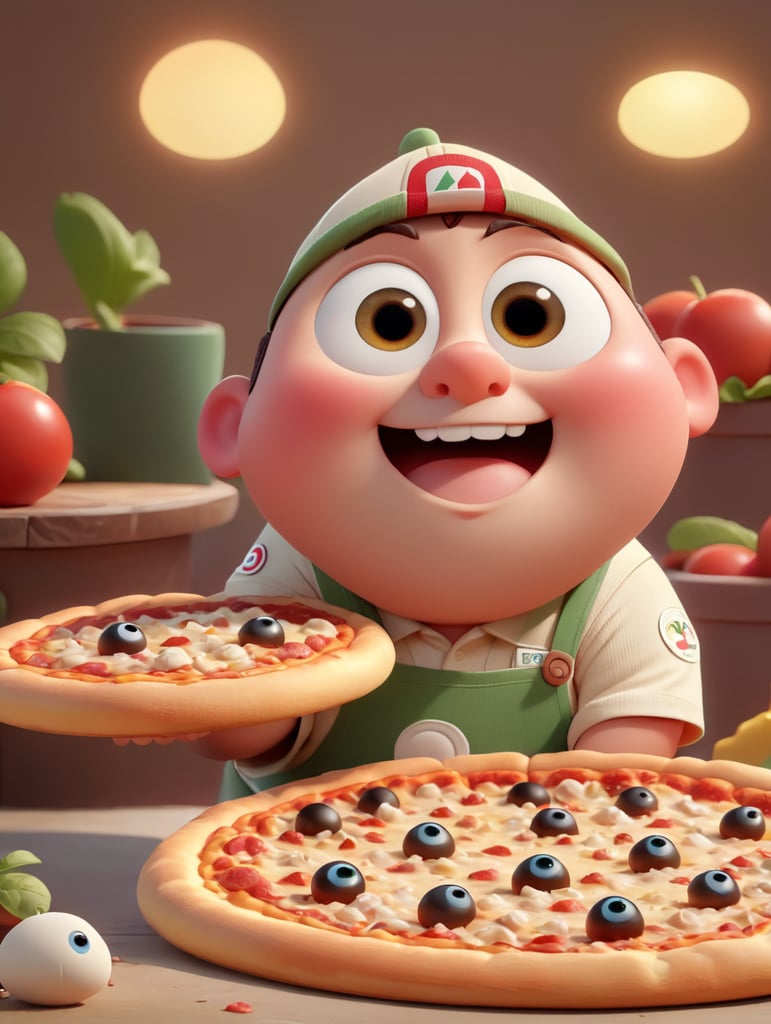 Pixar style, tiny cute fat pizza with big eyes, red sport cap, happy, 3D character