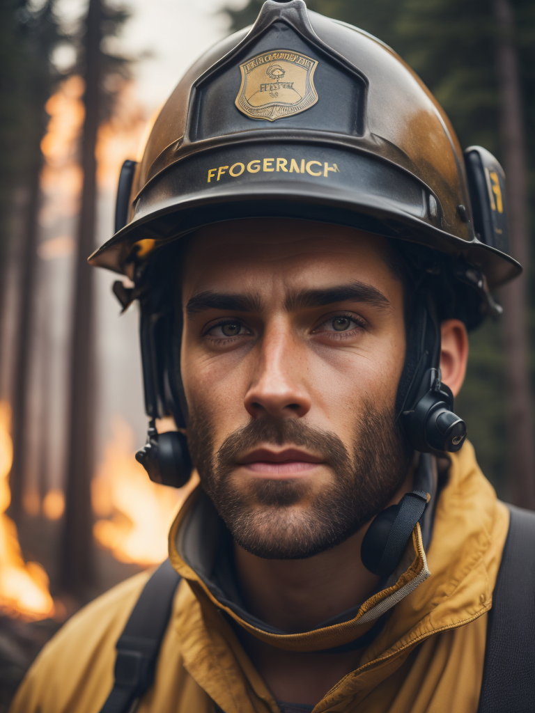 epic portrait of a Firefighter, close-up, forest fire, British Columbia Wildfire, Canada