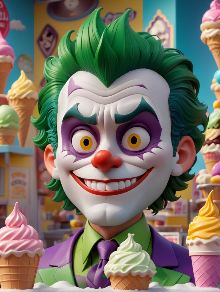 A portrait of the joker looking sad in an ice cream shop, in the style of a cartoon, bright and saturated colors, depth of field