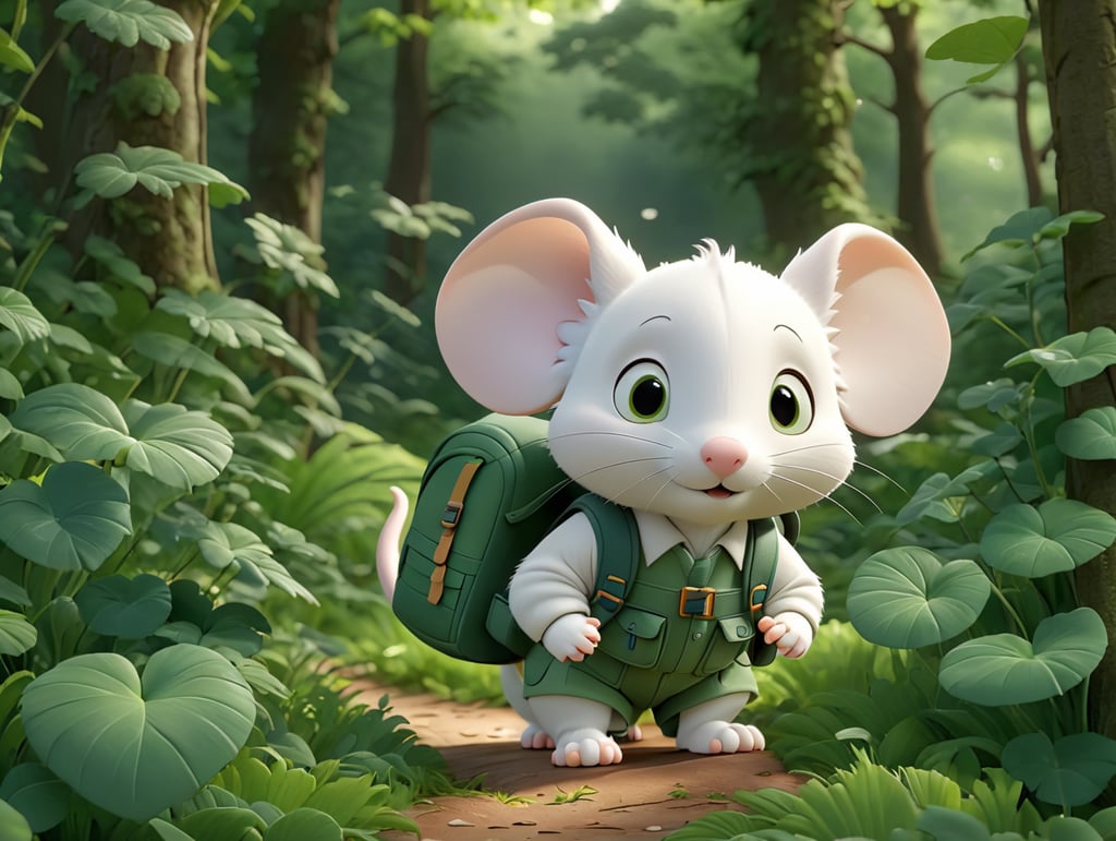 Cute white mouse with a backpack walking in green forest thick leaves lush trees nature scenery landscape.