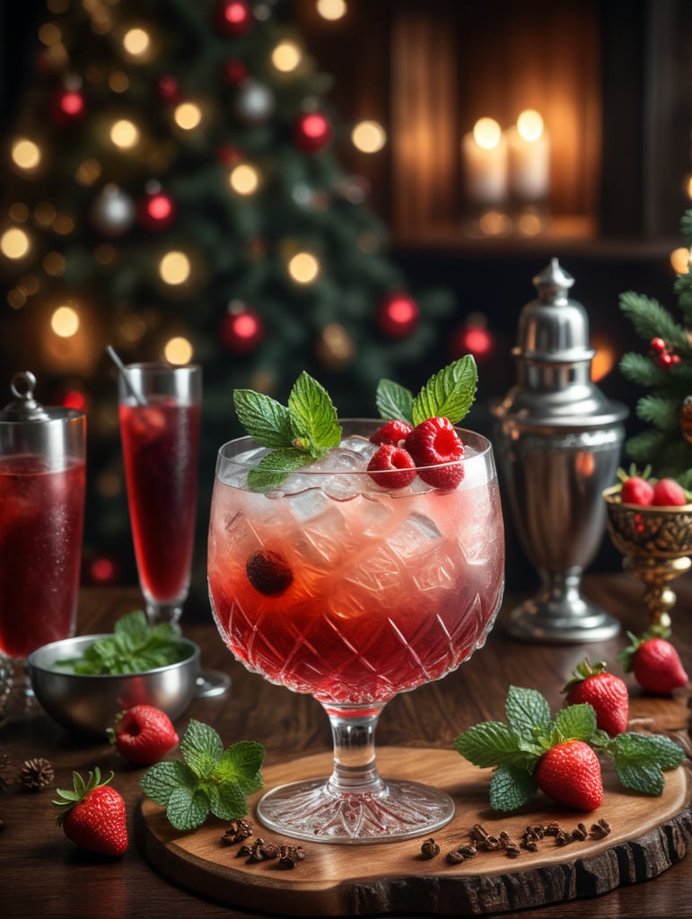 wood blurry christmas garnish with straberries and mint