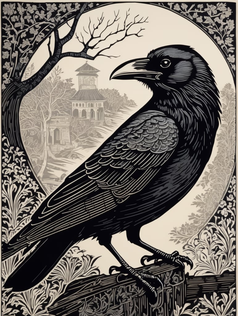 16th century style woodcut, raven, black and white, bold lines
