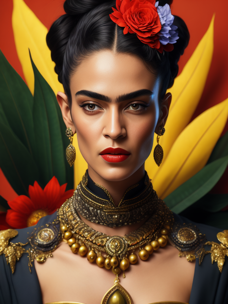 Portrait of Frida Kahlo, bright and saturated colors, elegant, highly detailed, vogue, fashion magazine, sharp focus, bright expressive makeup, dramatic lighting, depth of field, incredibly high detailed, blurred background'