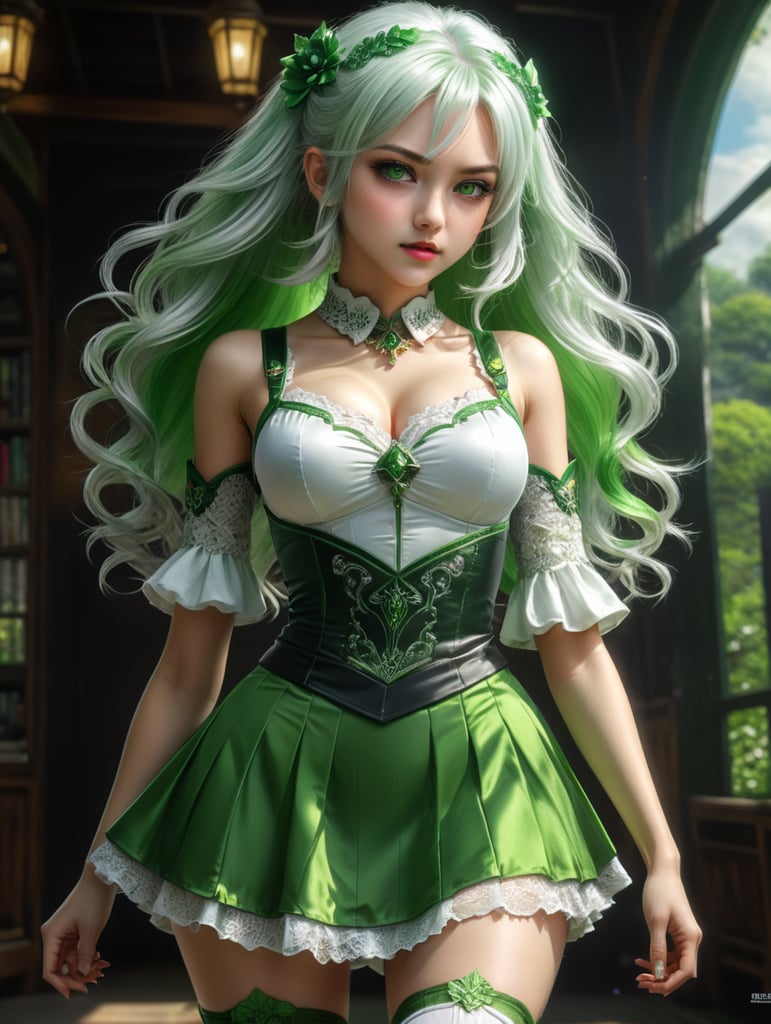 Green and white hair. Anime girl. Green and white dress. Miniskirt. Green eyes.