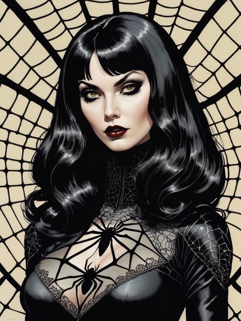 70s comic art Female vampire Goth with dark black hair with black spider web suit 70s comic