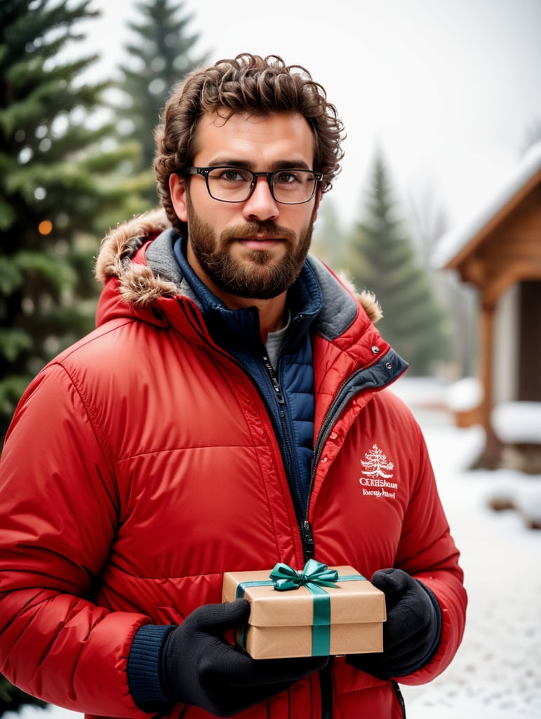 portrait of a bearded curly man wearing red puffer jacket, reeding glasses, stands front camera with gift box his hand, snowy weather, Christmas time, blurry background